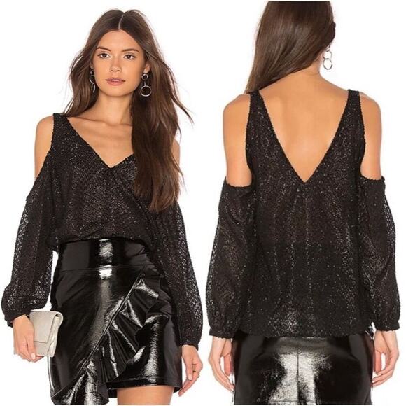 L’Academie see through cold shoulder long sleeve glitter blouse | Sz S, NWT - Picture 2 of 7